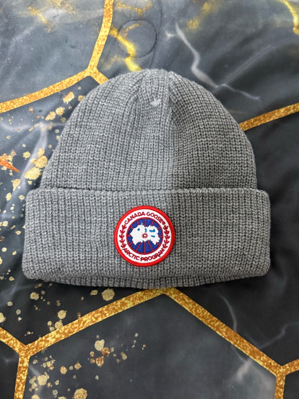 Canada Goose Grey Ribbed Knit Cuffed Beanie with Patch